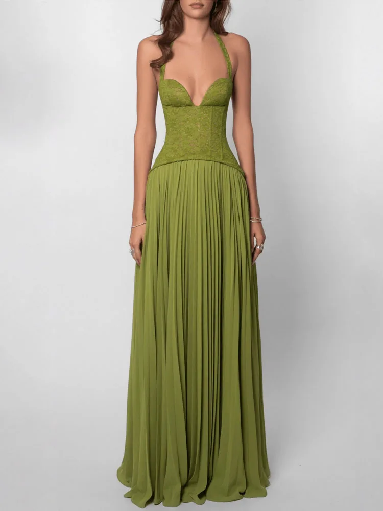 

NEW Women Pleated Patchwork Slim Lace Up Off Shoulder Long Dress Party Evening Green Corset Halter Sexy Backless Maxi Dress