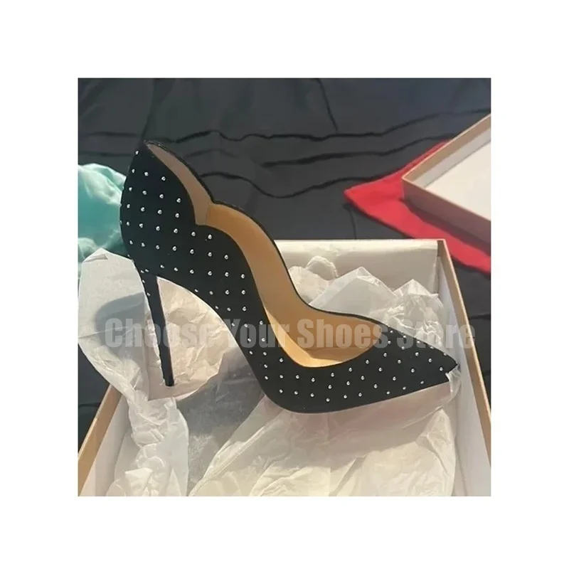 2025 أشار تو أحذية عالية الكعب الأحمر الجلد المدبوغ المسامير رصع الخنجر الكعوب المرأة فستان مثير أحذية 12/10 سنتيمتر #5