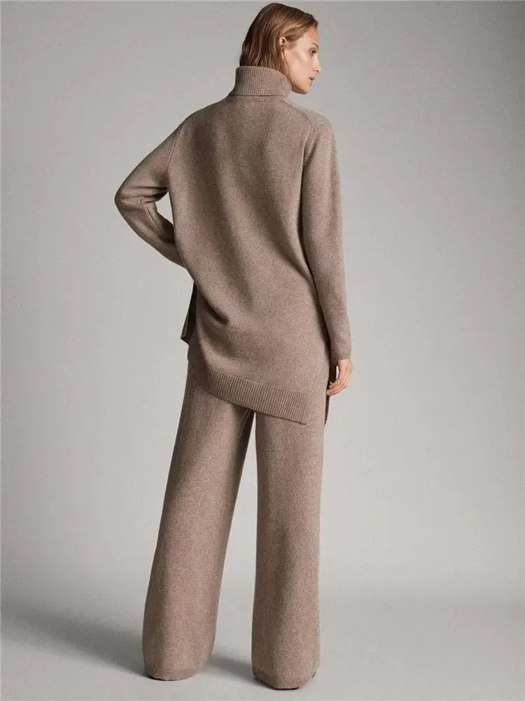 Luxury Two Pieces 45% Cashmere + 30% Wool Suits Female Turtleneck Warm Mink Cashmere Knit Tops + Wide Leg Wool Pant Sets F688