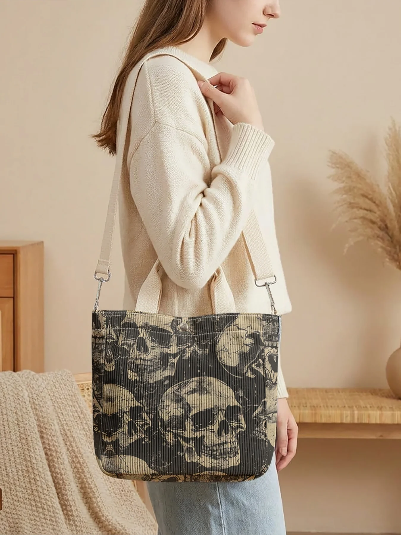 Skull Print Crossbody Tote Bag Removable Strap Handbag For Shopping Daily Use