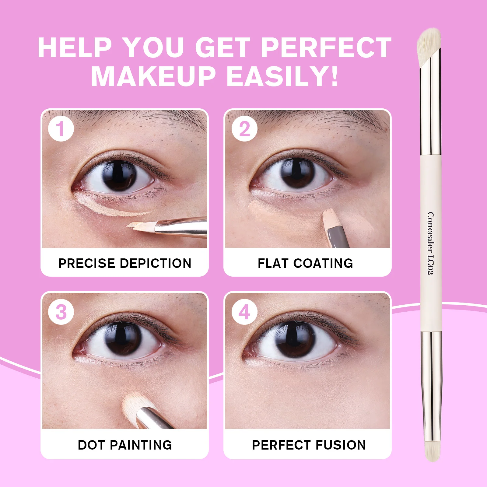 LOCKCUTE 더블 엔드 컨실러 브러쉬 다크서클 및 잡티를 위한 완벽한 커버리지 및 디테일 블렌딩 뷰티 브러쉬 도구