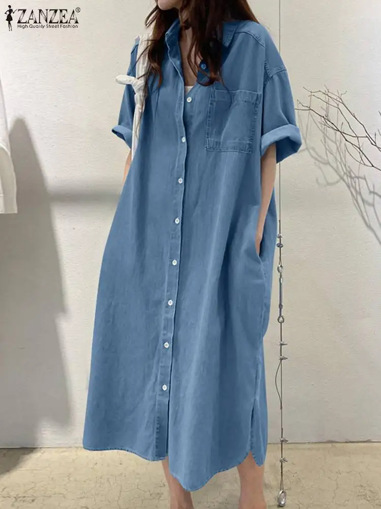 ZANZEA-Vestido de verão elegante feminino, vestido jeans casual, manga curta, camisa com gola lapela, grandes dimensões, trabalho OL, moda