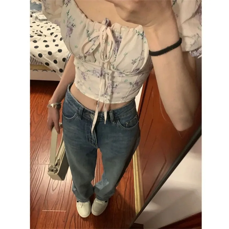 Miiiix Spicy Girl Fashion Bubble Sleeve Floral Short Sleeve Shirt Women's Summer Sexy Shirt Strap Short Top Female Clothing