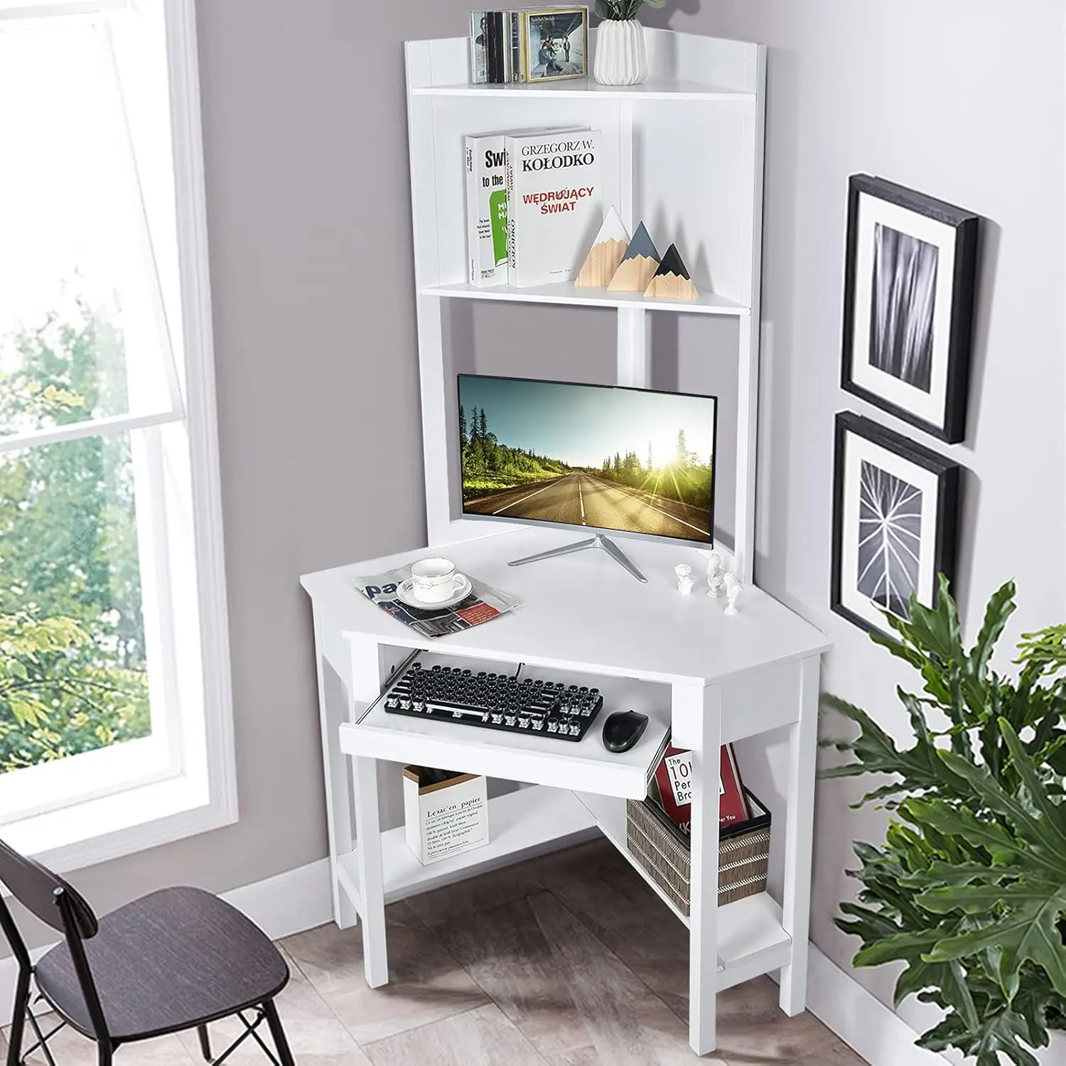 White corner table with handles, 90 degree triangular computer desk with keyboard tray and bookshelf, suitable for small spaces