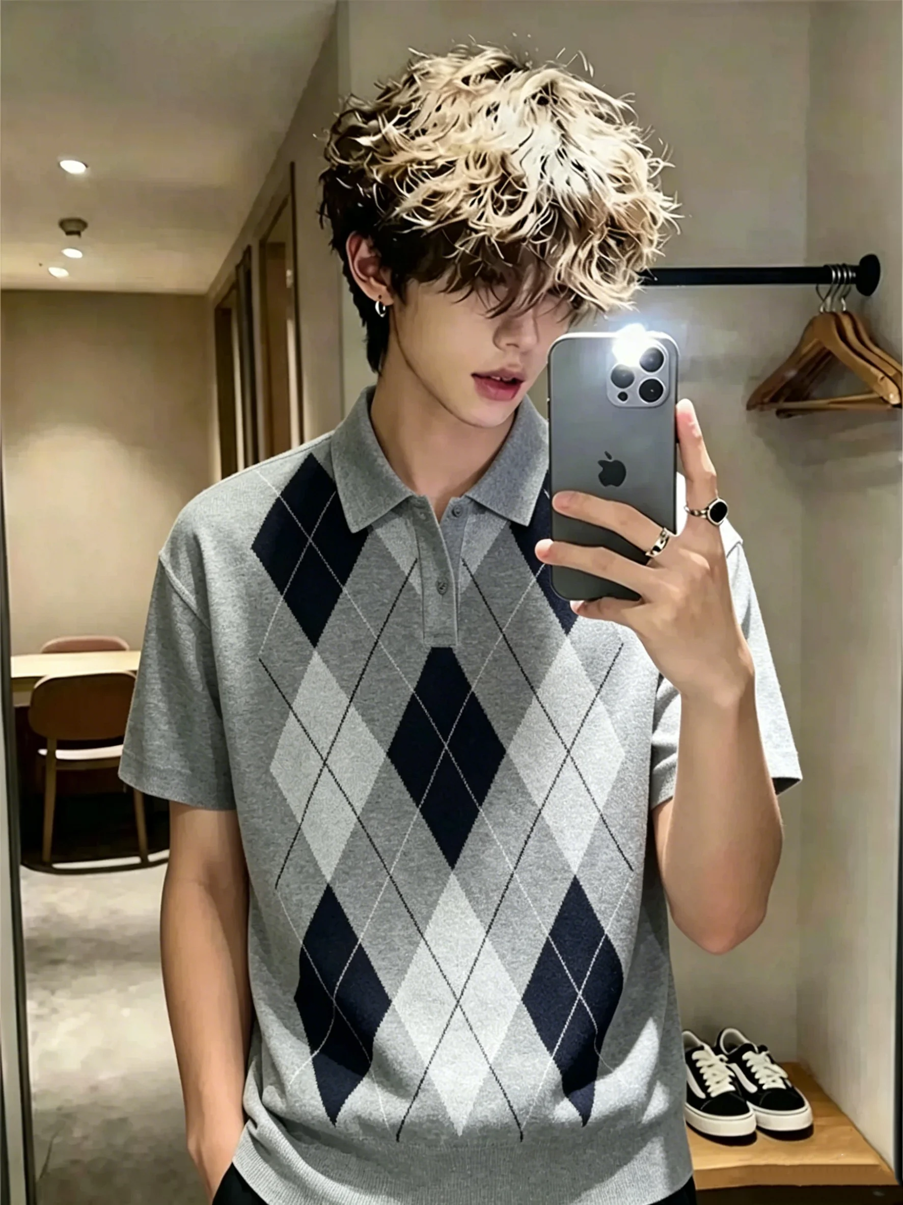 Light Grey Knitted  Shirt Short Sleeve Men's Summer Flip Collar T-Shirt High Intelligence College Style Half Sleeve