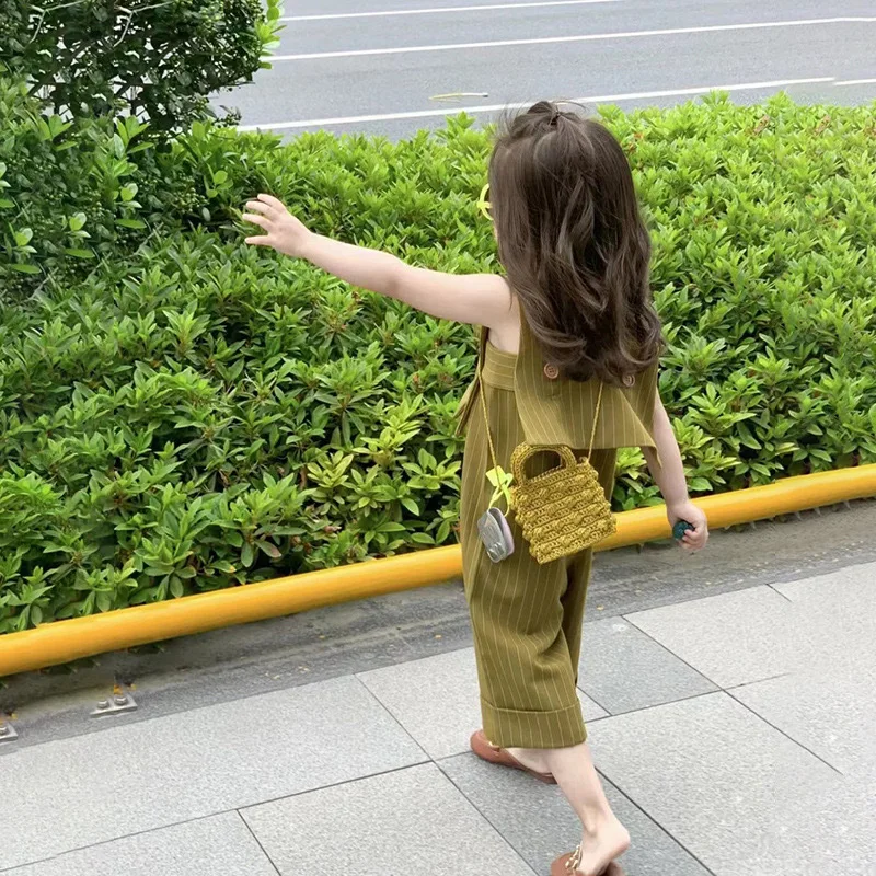 Girls' Suit Summer New Vest+Fashionable Wide-Leg Pants Western Style Jumpsuit Children One Piece Dropshipping