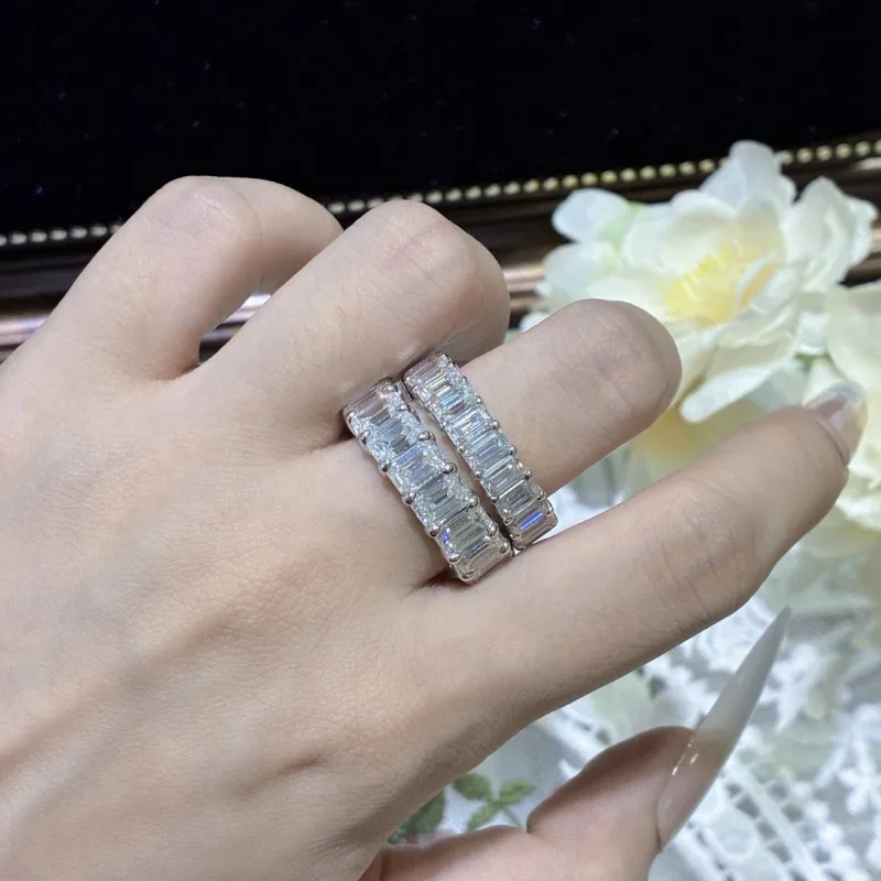 

Follow Cloud Total 10ct/12.8ct Moissanite Eternity Band Emerald Cut 5*3mm/6*4mm Wedding Rings for Women Men S925 Sterling Silver