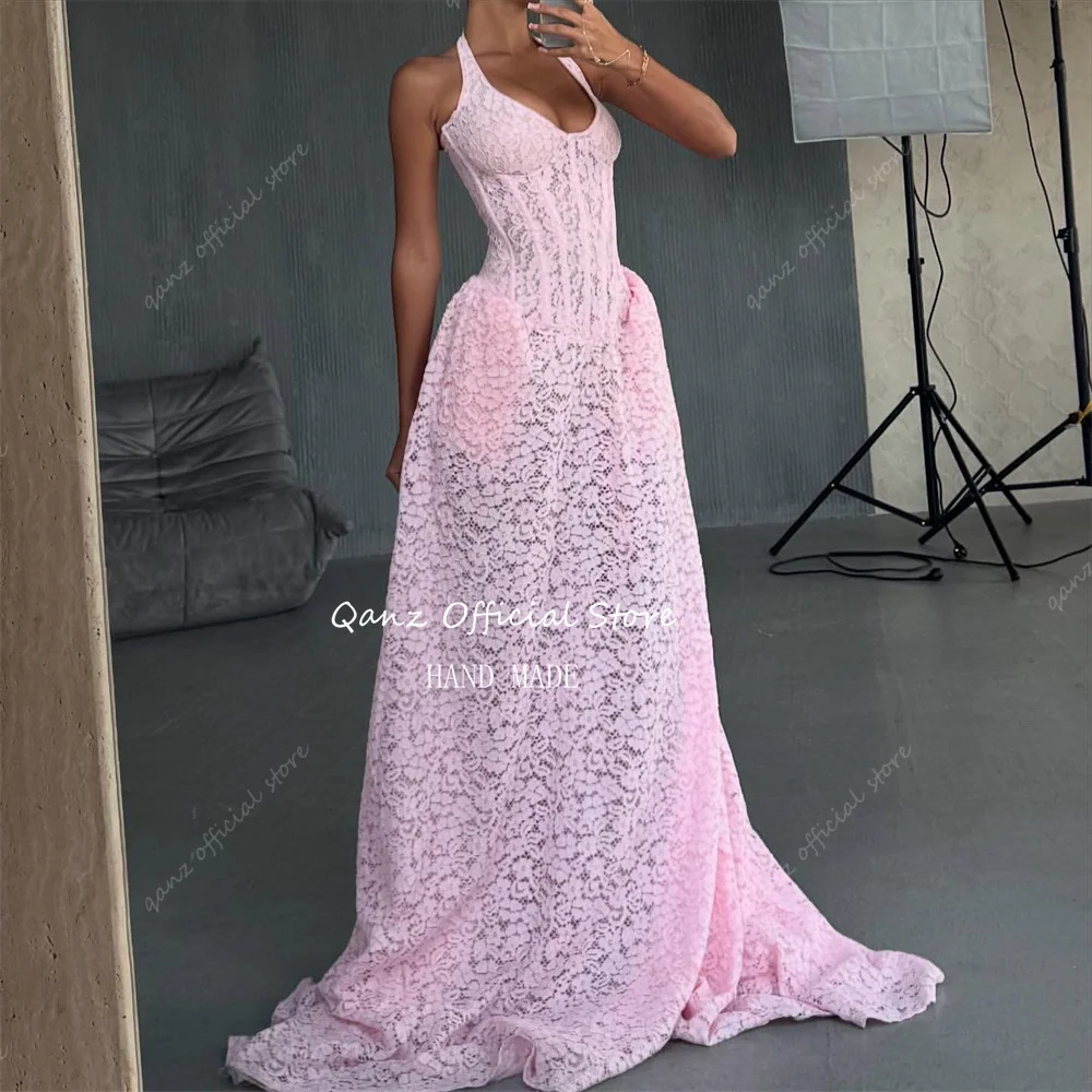 Qanz Pink Full Lace Appliques Evening Dresses Elegant Long Train Pageant Dress For Women Backless Robes De Soirée  Customized image 5