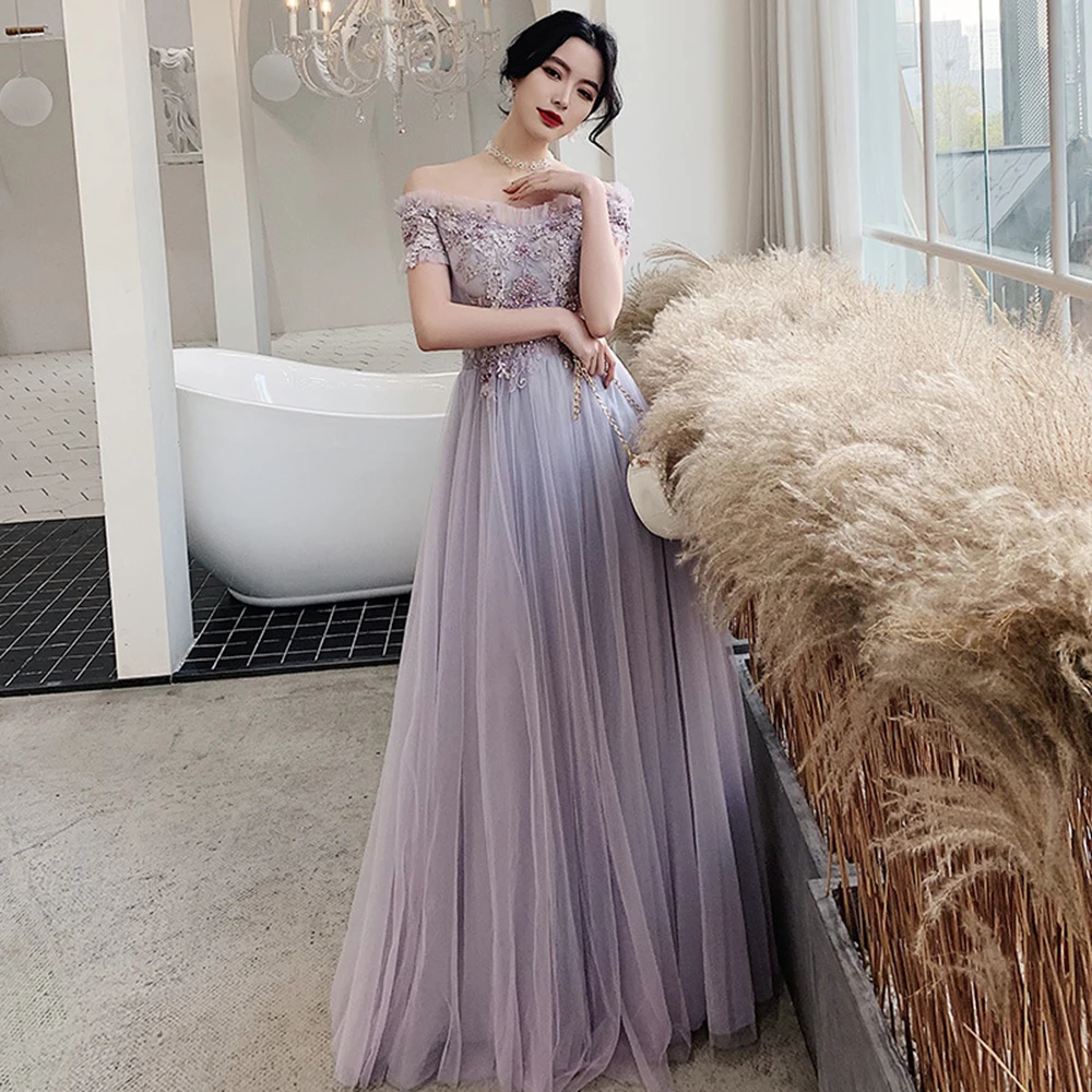 Elegent Purple 4 Styles Bridesmaid Dress Women Off The Shoulder Light Luxury Prom Gown Flower Applique Ruffles A-line Vestido