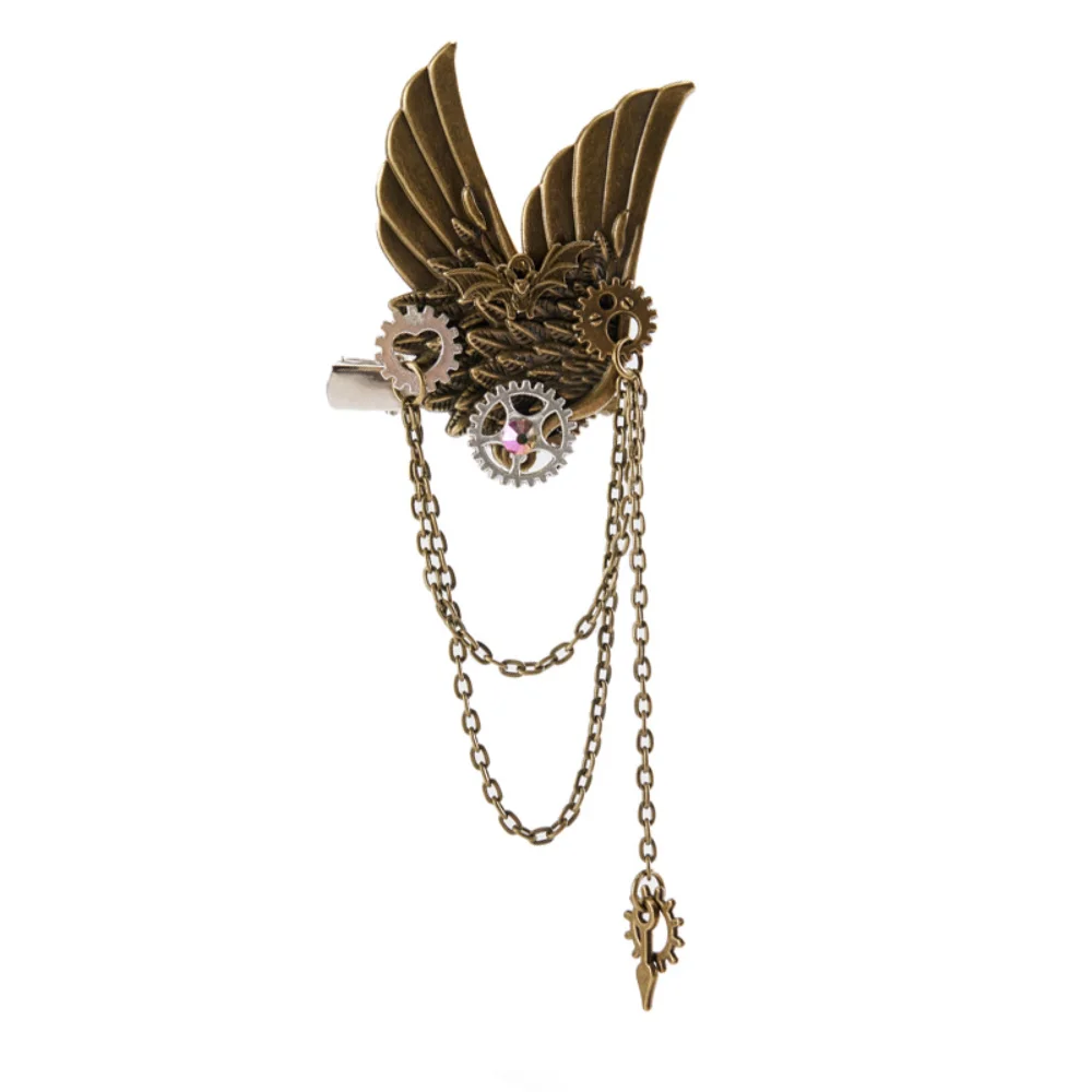 Steampunk Retro Wing Gear Studded Diamond Chain Brooch Brass Niche Design Trendy Cool Collar Pin Clothing Decoration Pins