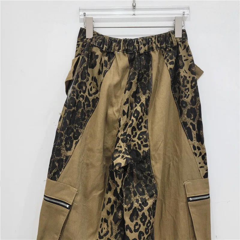 Leopard Cargo Pants Women Patchwork Pockets Side Lapel Waist Straight Wide Leg Pants Streetwear Hip Hop Female Trousers