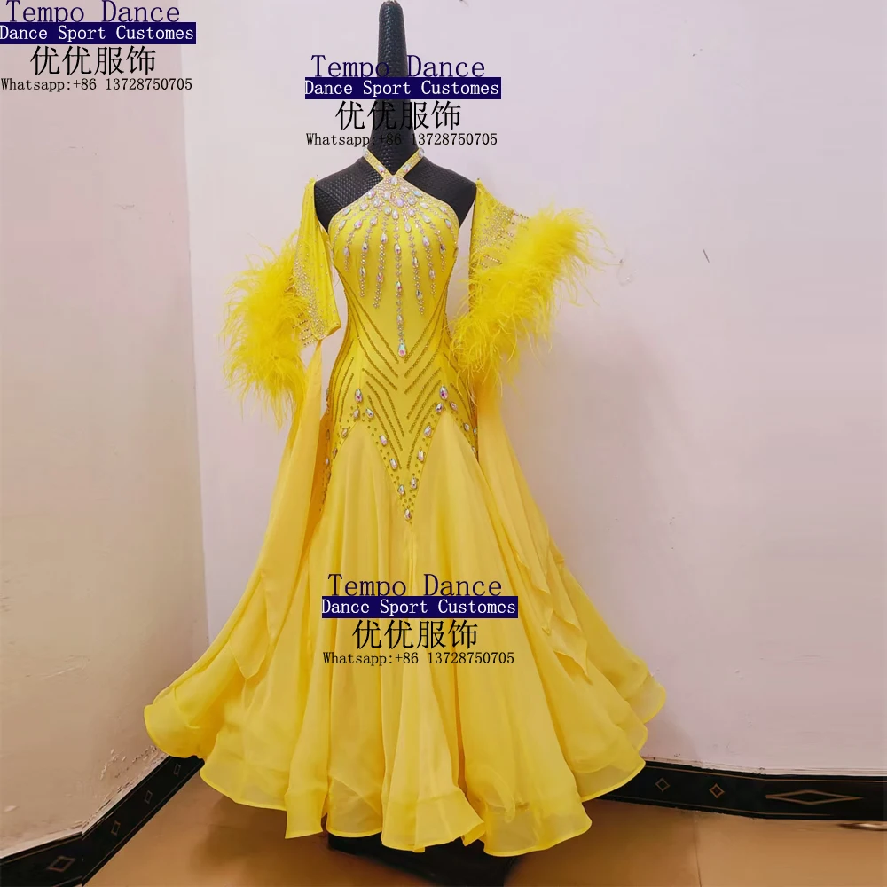 Ballroom Dance Dress Ballroom Dance Competition Dresses Dradient Modern Waltz Tango Dance Dress Ostrich Feather Dress Yellow