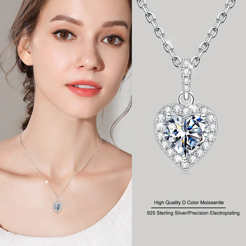 1ct Heart Shaped Moissanite Pendant Necklace for Women Girl Real 925 Silver Luxury Gift Wedding Jewelry Valentine Day