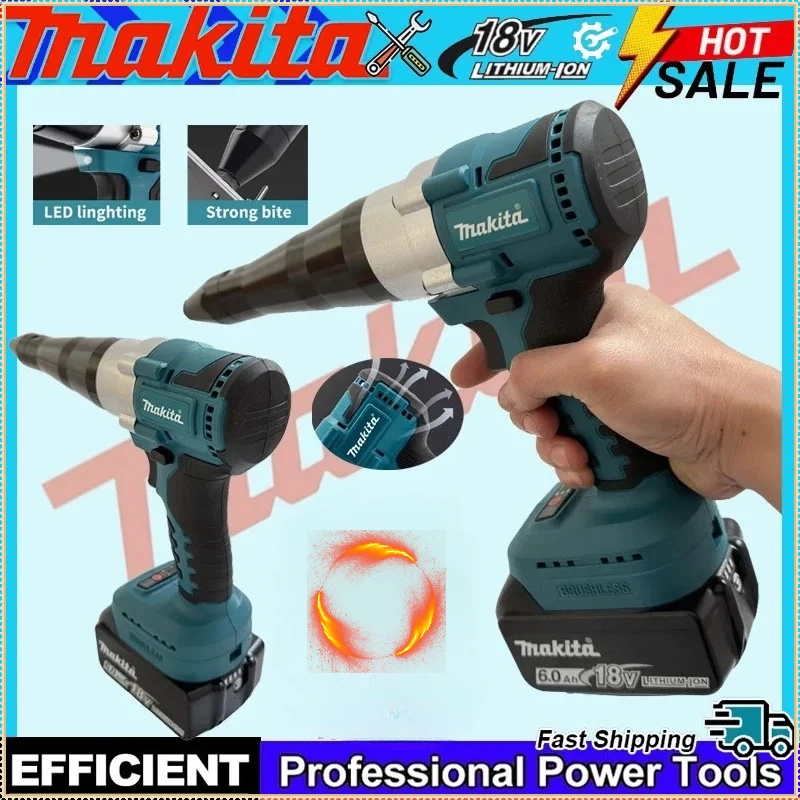 

Бесщеточный электрический заклепочник Makita с LED-подсветкой, беспроводной, автоматический инструмент для заклепок, совместимый с аккумулятором Makita 18V.