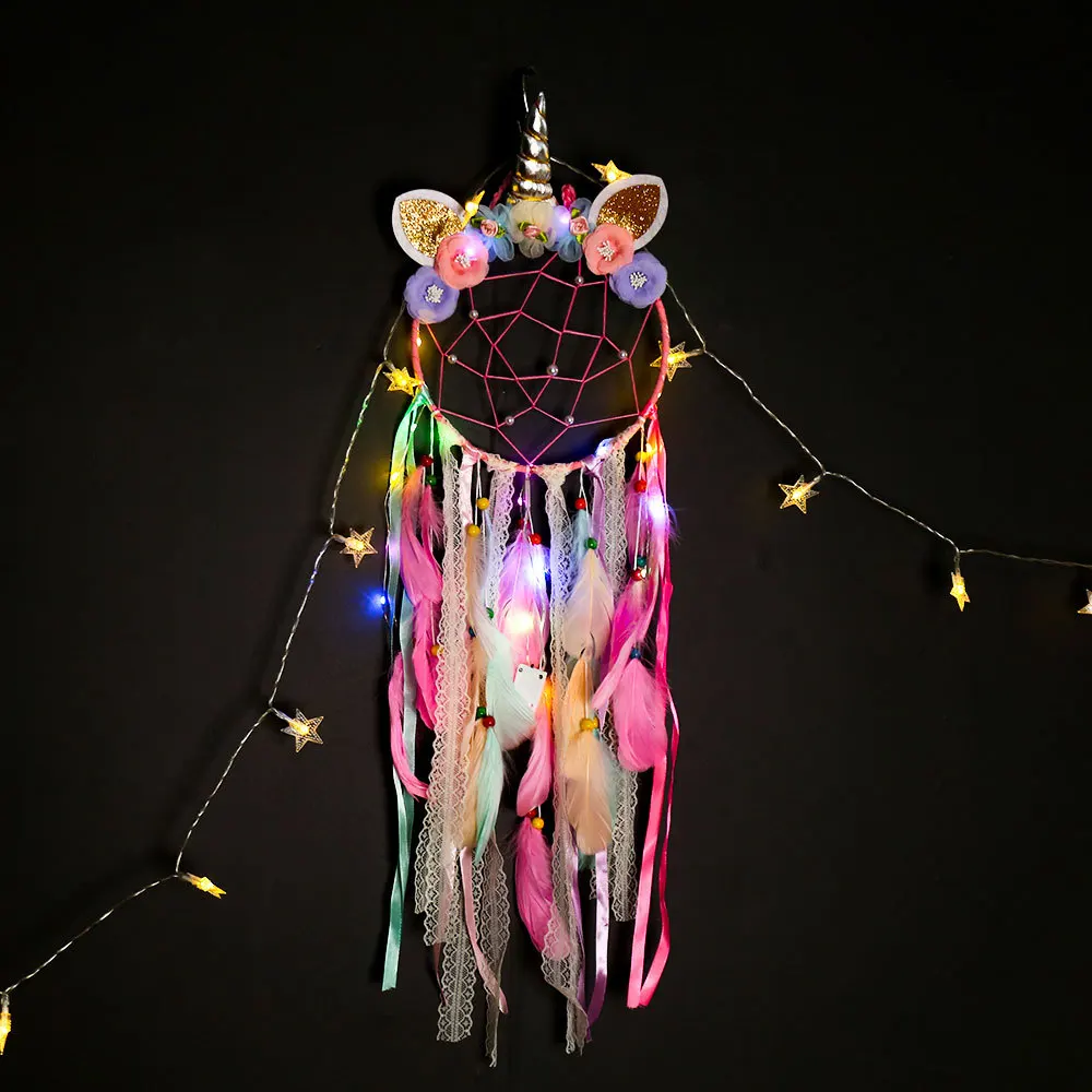 diy kit electronic INS wind lovely girl Nightlight Dream Catcher Net, feather lace unicorn pendant