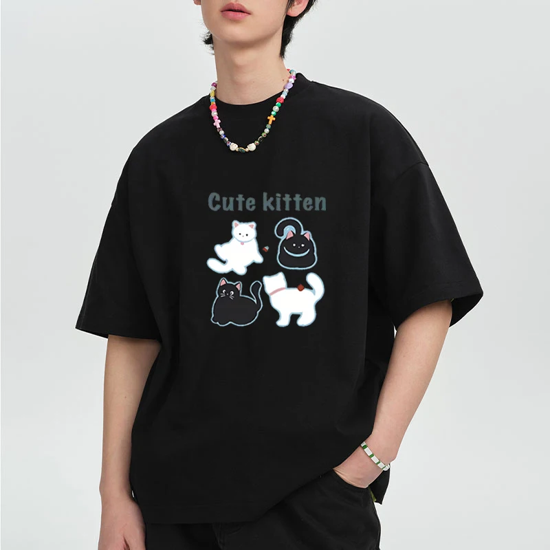 

Summer harajuku Fashion Cute Kitten Cherry printed short sleeve T-shirts Men Women Loose Cotton vintage Casual tops Unisex