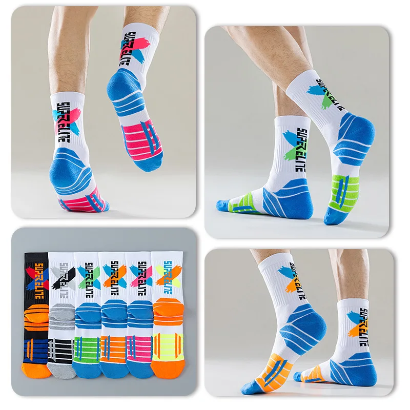 1 Pair Men High Tube Basketball Sports Socks Thick Towel Sole Shockproof Breathable Contrast Color Elite Athletic Socks