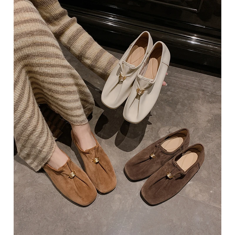 2026 new summer women pumps natural leather 22-25cm kid suede/sheepskin+pigskin square toe metal low heel women shoes fashion