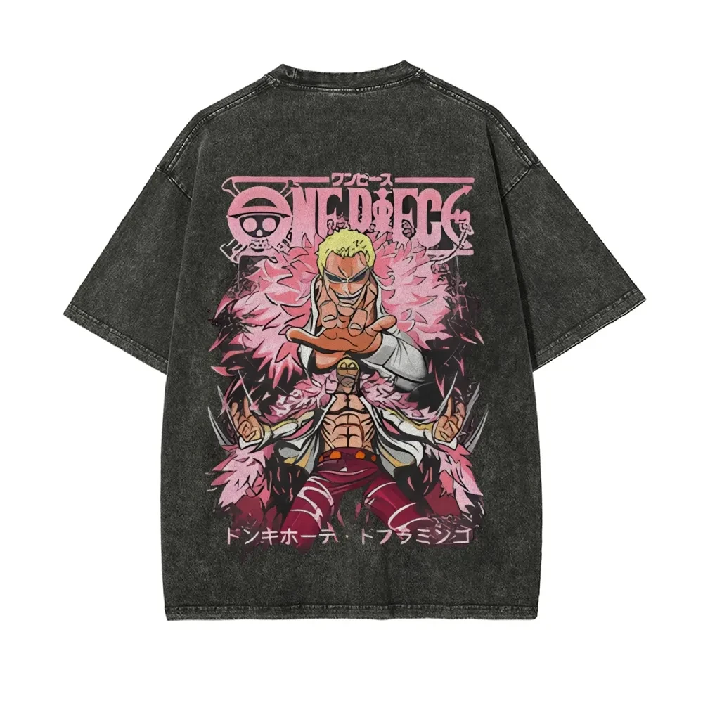 One Piece Herren- und Damen-T-Shirt im Used-Look, Donquixote Doflamingo Kleidung, Sommer-Frühling Anime-Tee, Retro Distressed Kurzarm-Shirt
