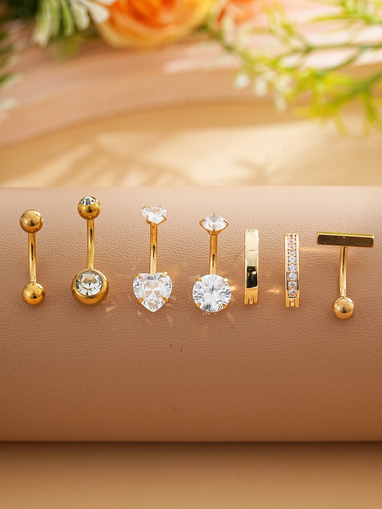 7pcs/lot Belly Button Ring Sets Pink Gold Crystalz Belly Piercing Jewelry for Women Flower Heart Curved Navel Piercing Nombril
