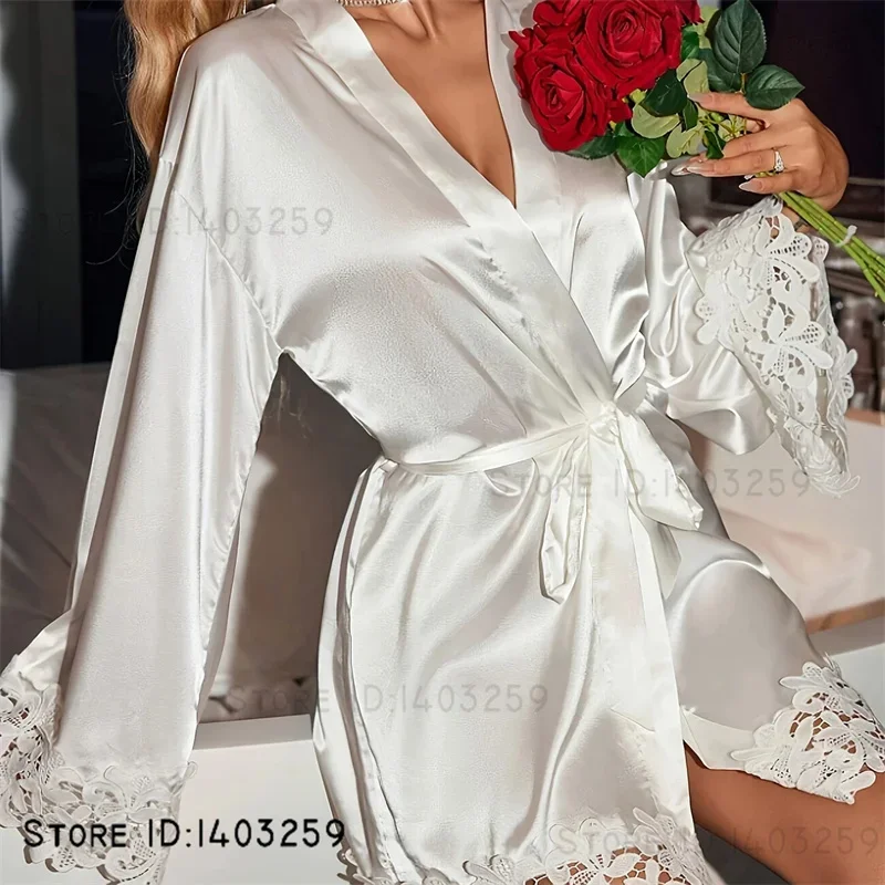 

Wedding Robe White Silk Satin Embroidery Bride Negligee Kimono Bathrobe Gown Sexy Lace Sleepwar Nightgown Loose Home Dress