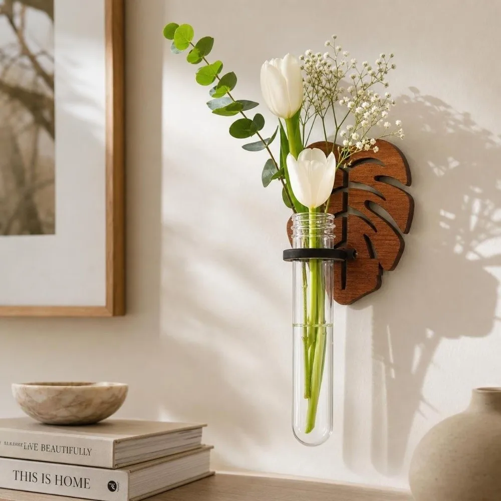 Home Decoration Wooden Hydroponic Planter Shelf Home Ornaments Vase Wall Mounted Planter Cloud Leaf Shape Flower Pot Home Decor