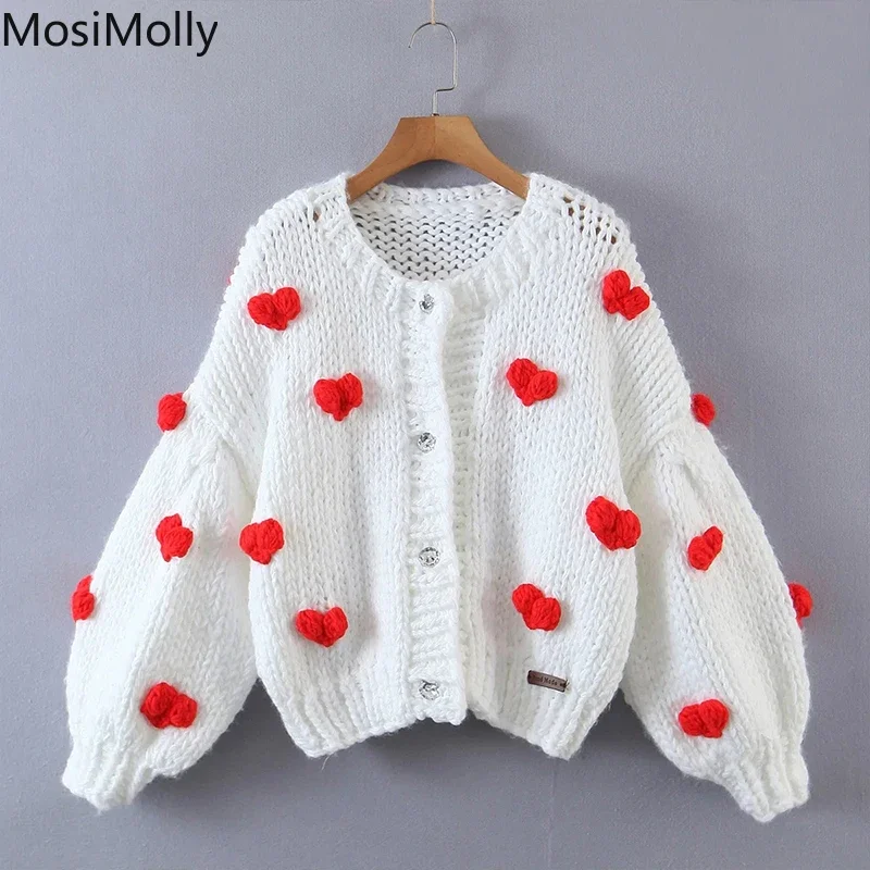 MosiMolly Handmade Heart Sweater Cardigan Women Rhinestone Button Women Cardigan Sweater Jumper Soft Warm Sweater Winter 2022