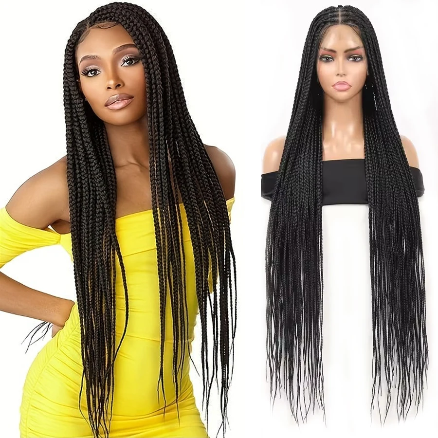 

36" Knotless Full Lace Boho Box Braid Wig with Curly Ends for Women, Synthetic Versatile Goddess Braids, Versatile Wig Styling B