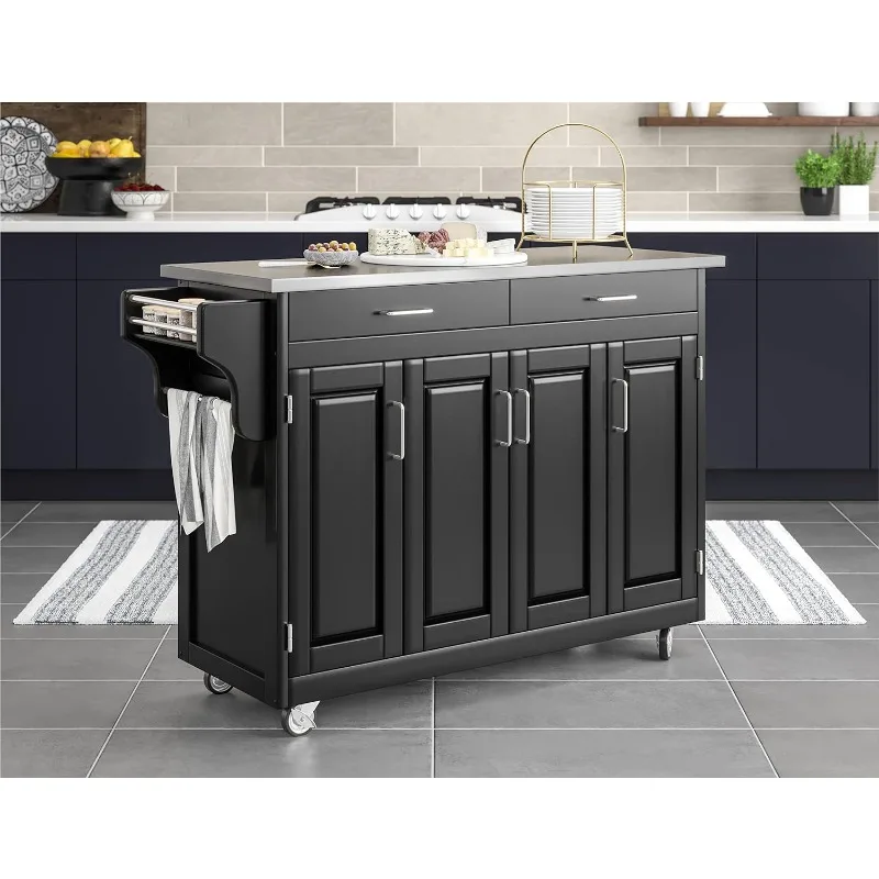 

Home Styles Mobile Create-a-Cart Black Finish Four Door Cabinet Kitchen Cart with Stainless Steel Top, Adjustable Shelving