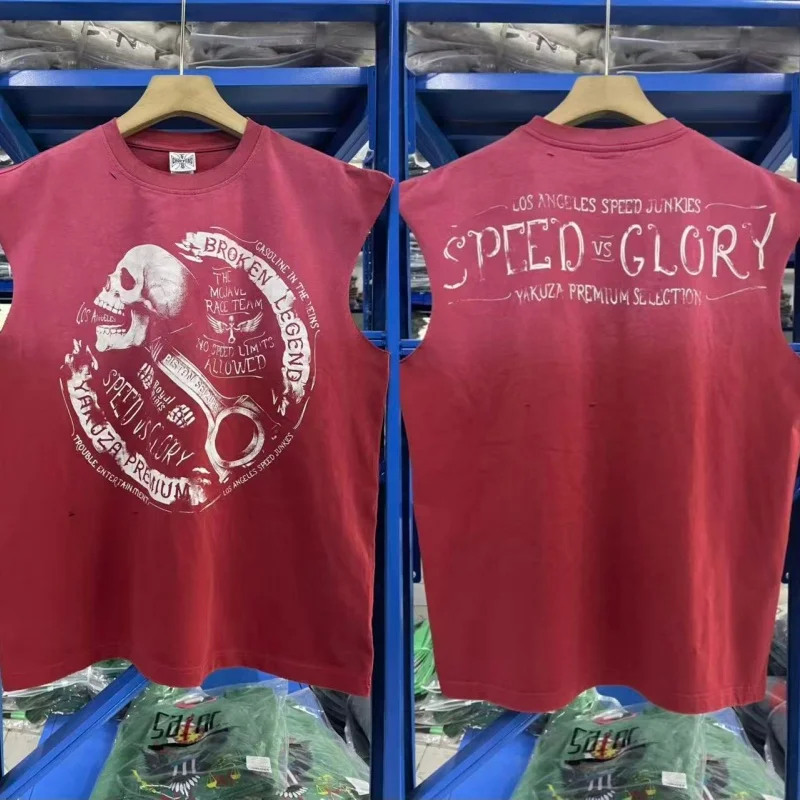 

Мужская винтажная майка West Coast Choppers 26SS с эффектом потертости, красная, с принтом черепа, байкерская, без рукавов, уличный стиль
