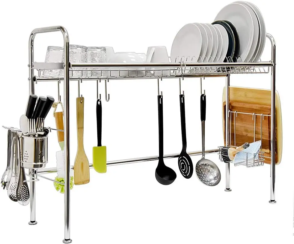 

Single Layer Stainless Steel Dish Drying Rack with Organizers, Fits Most Kitchen Sinks