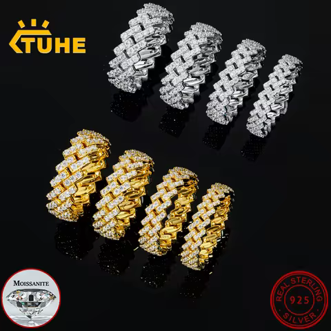 TUHE High Quality Unisex Ring Miami Cuban Ring VVS1 Moissanite 925 Sterling Silver Ring