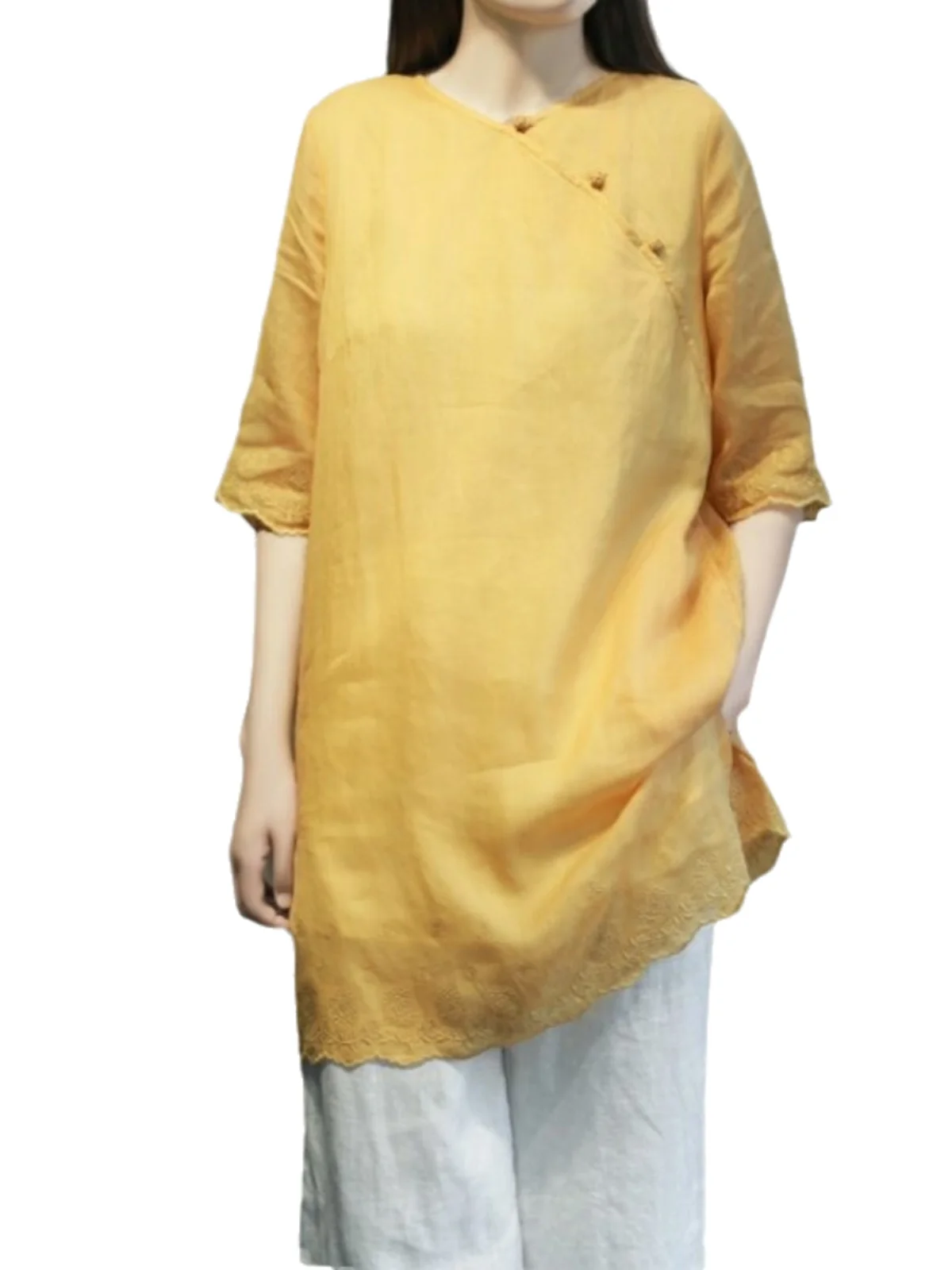 New Chinese Sle Cotton Linen irt Women Summer Mid-Length Lightweight Embroidered Loose Fit Button up round Ne Top