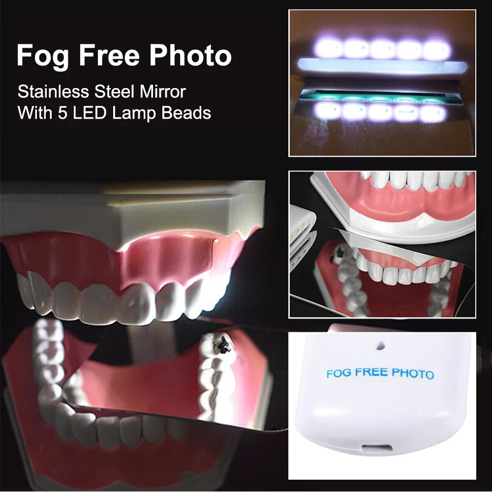 Dental Anti-Fog Mirrors Set Fog Free Intraoral Photography Stainless Steel Mirror With LED Light Occlusal Orthodontic Reflectors