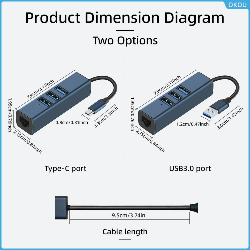4In1 USB-A/C 3.0 Hub with RJ45 Ethernet Adapter, 4 in 1 USB Splitter with 1x USB 3.0 + 2x USB 2.0 + 100Mbps LAN for Laptop& PC