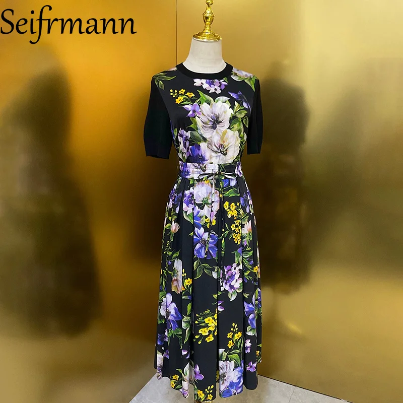 

Seifrmann 2026 Summer Women's New Fashion Round Neck Short Sleeve Cotton Printed Top+Long Half Skirt Two Piece Set
