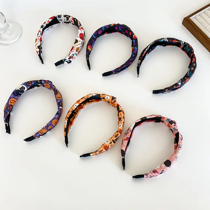 New Quirky Cartoon Skull Pumpkin Hair Bands for Children Knotted Wide Phantom Headband Girls Halloween Hair Accessories