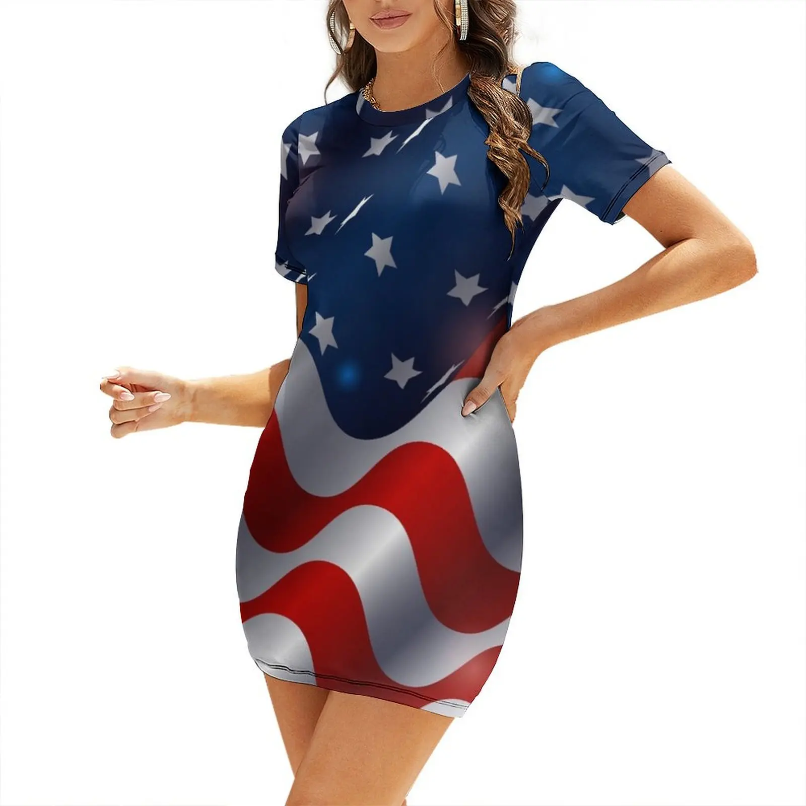 

USA Red White and Blue Stars and Stripes American Flag Patriotic Design Short Sleeved Dress dresses for women beach dress Dress