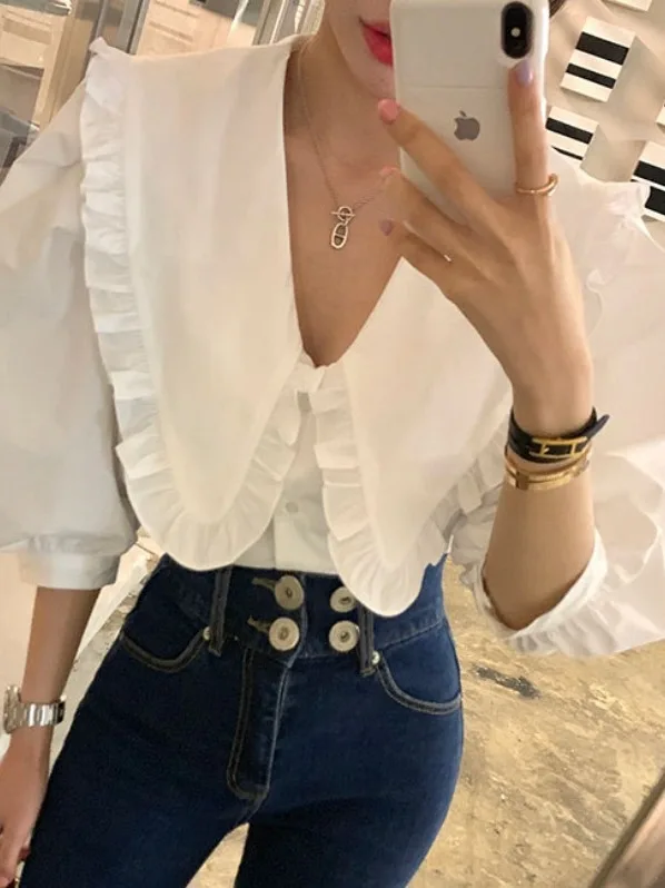 Chic Spring New Sle Agel Doll Collar Single Button Loose Versatile Bubble Sve irt Top Women Casual Faionable