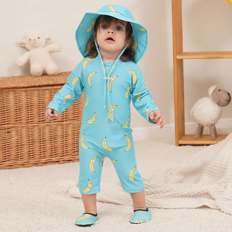 Boys Girls One-piece Swimsuit + Sun Hat Kids Cute Banana Print Sun-protective Quick-dry Surfing Bathing Suit Baby Swimwear