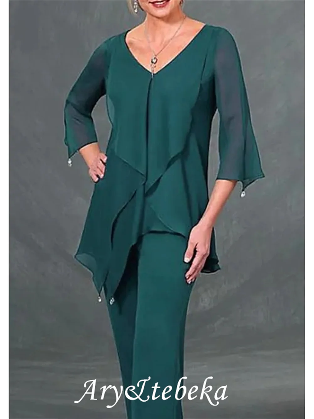 Broekpak/Jumpsuit Moeder Van De Bruid Jurk Elegante V-hals Floor Lengte Chiffon 3/4 Lengte Mouw Met Kralen Ruches