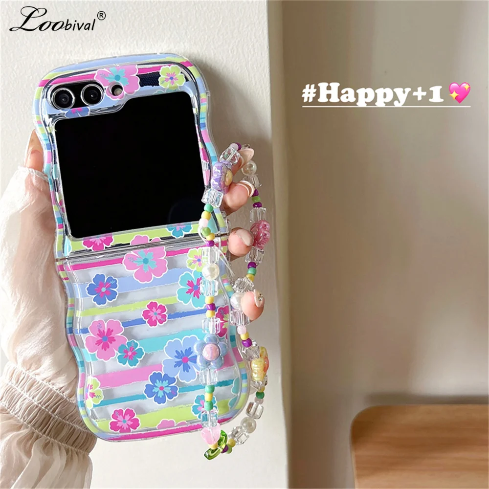 for Samsung Z Flip5 Cartoon Flower Bracelet Case for Samsung Galaxy Z Flip 6 5 4 3 flip4 Wrist Chain Strap Soft Korea Cover