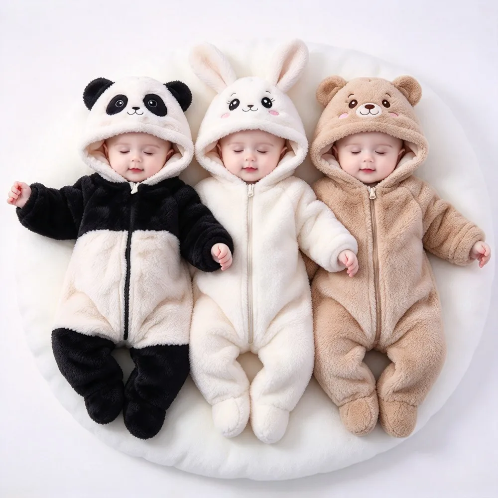 Infant Winter Fleece Jumpsuit 0-12 M Cartoon Animal Hooded Baby Romper Plush Onesie, Zipper Closure Bodysuit For Baby Girl Boy