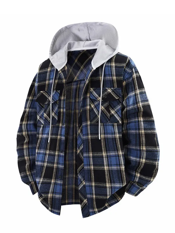 

Retro Plaid Patchwork Hooded Shirt Men's Spring Trendy Loose Couple Windproof Casual Outerwear Polyester Cotton Blend