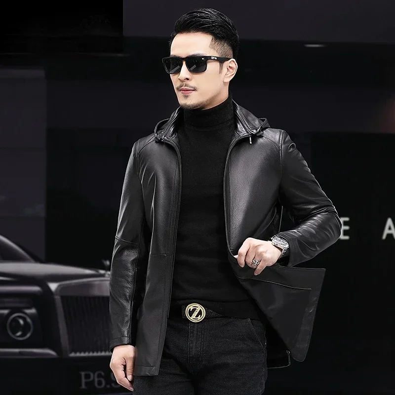 YOLANFAIRY Leather Coat for Men Top Layer Sheepskin Coat Male Hooded Medium Long Slim Autumn Genuine Leather Jacket Men Jackets
