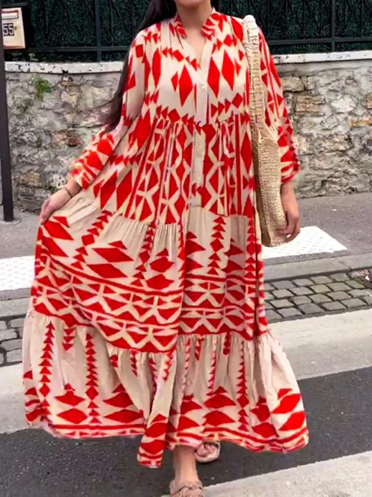 Women Vintage Print Maxi Dresses 2023 Summer V-Neck Long Sleeve Pleated Long Dresses Female Boho Beach Shirt Dress Casual Robe