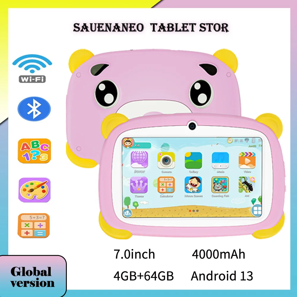 2024 New Global Version of 7-inch children\'s tablet with 4GB RAM and 64GB ROM, compact and portable with built-in gaming softwar