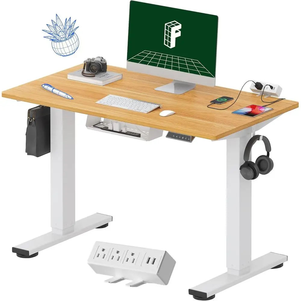 

Electric Height-Adjustable Standing Desk, 40 Maple Top with Clamp Power Strip and Cable Management