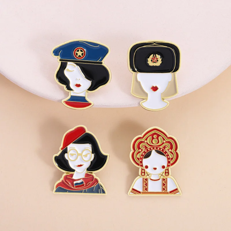 Unique Russian-Themed Enamel Pin Female Soldier in Folk Costume, A Quirky&Collectible Accessory for Jackets, Hats, or Backpacks