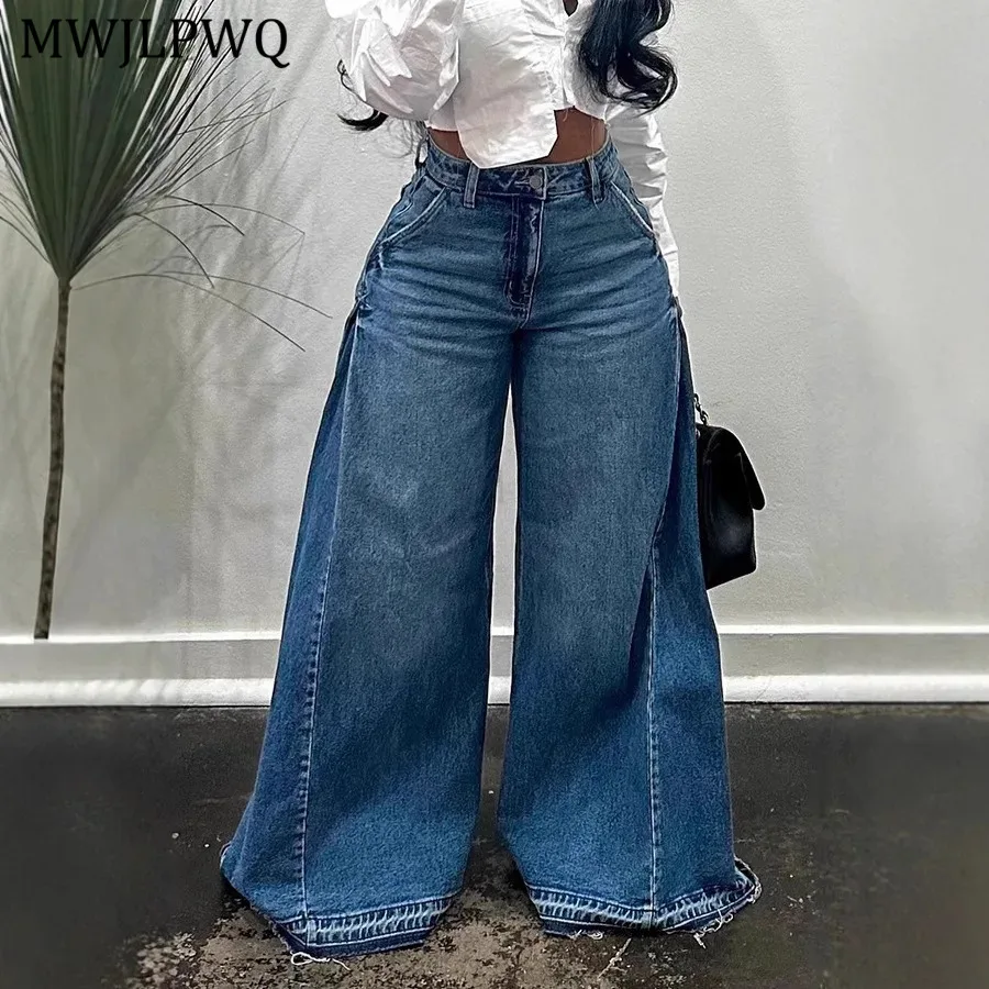 

MWJLPWQ Y2k Women Wide-Leg Jeans Blue Washed Spliced Design Casual Pants Loose Floor-Length Tassel Autumn Casual Trousers 11539